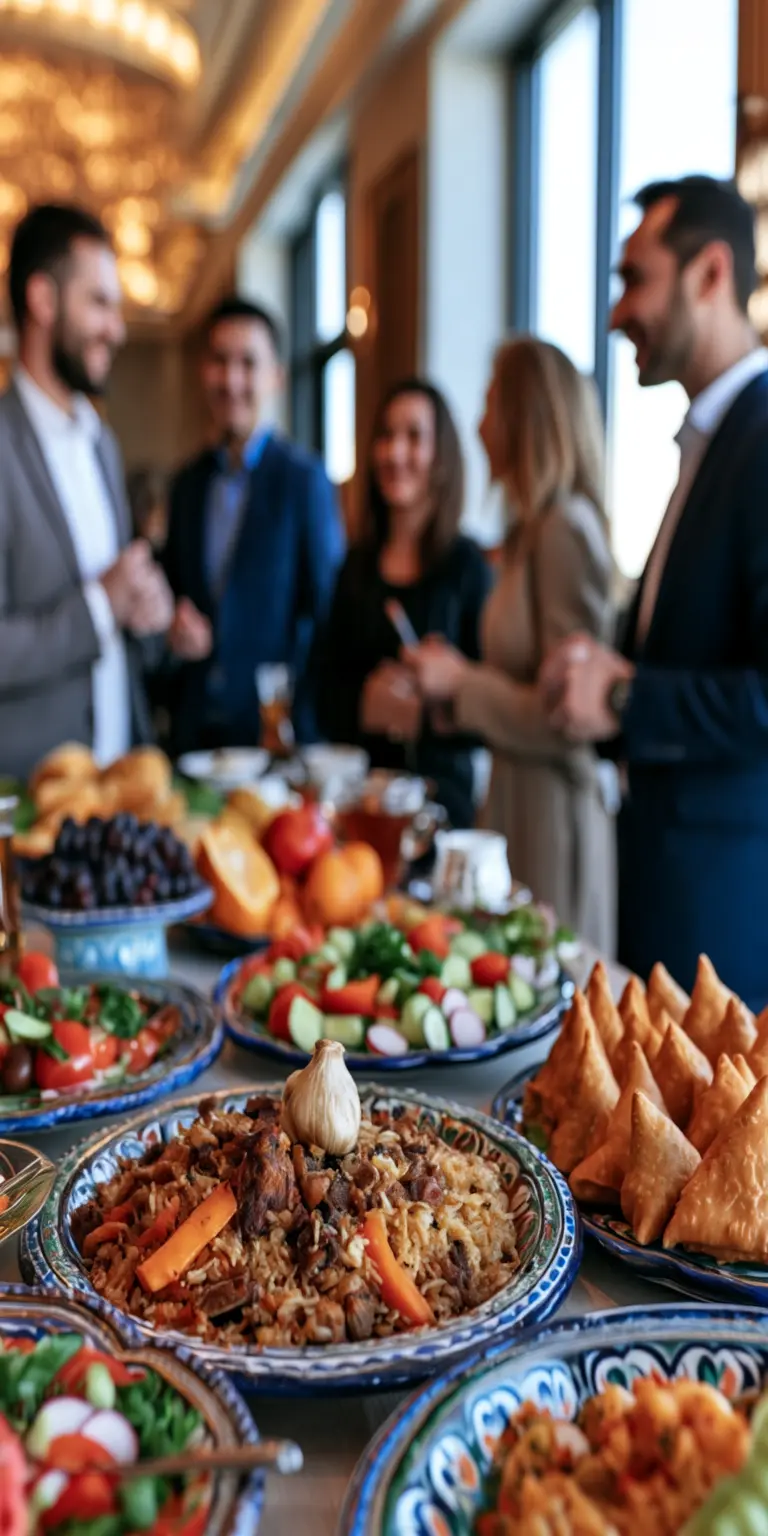 Finance and legal professionals talking over a shared table of food