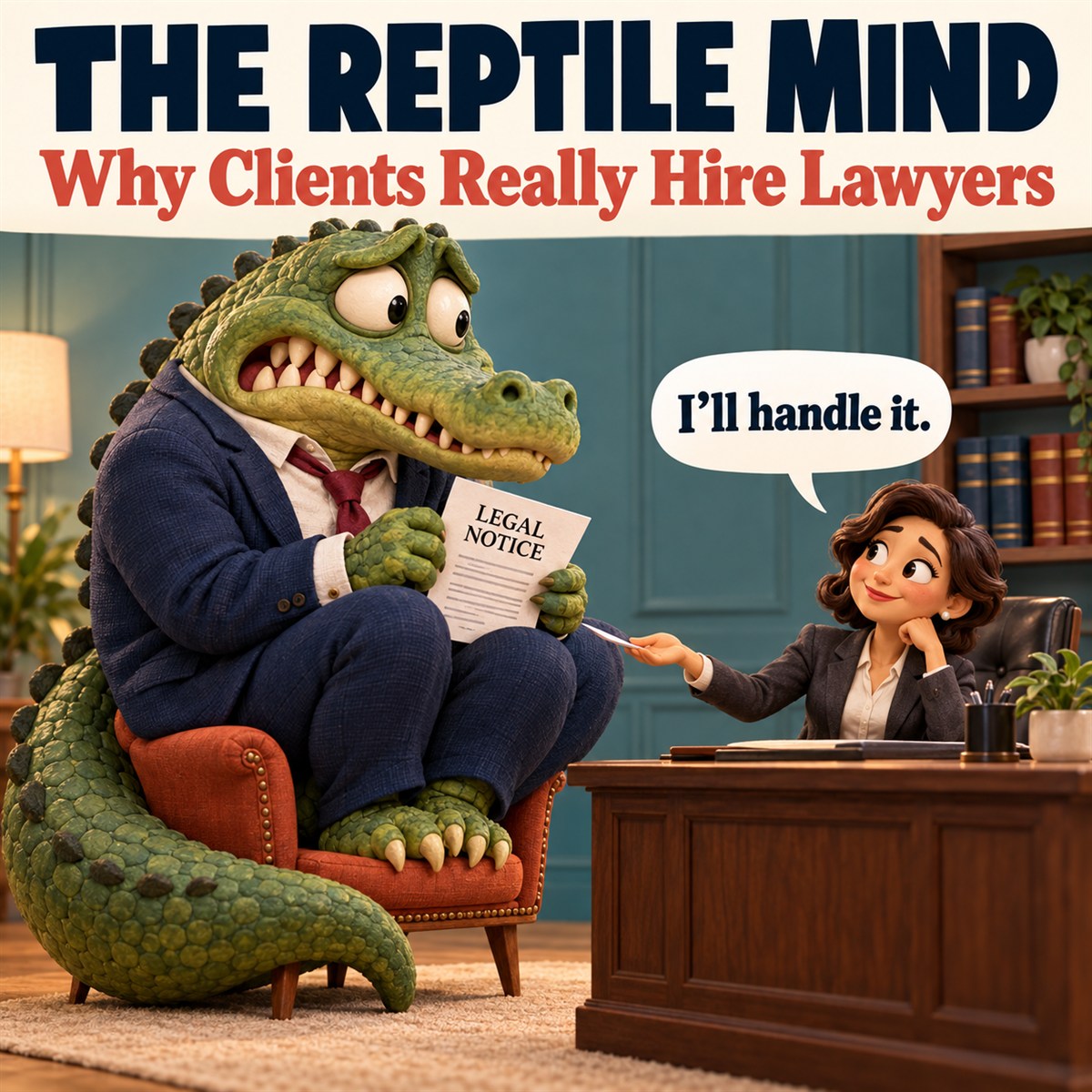 Illustration of a lawyer calmly handing a legal notice to an anxious reptile client, captioned The Reptile Mind: Why Clients Really Hire Lawyers